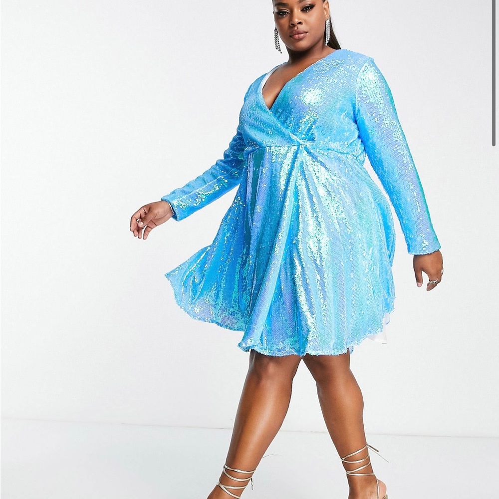 ASOS Collective Curve Blue Sequin Wrap Front Dress Size 22